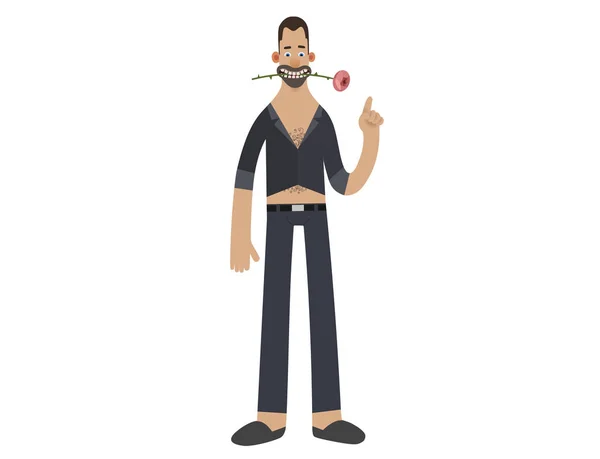 Ilustración vectorial de divertido personaje de dibujos animados macho con rosa en la boca . — Archivo Imágenes Vectoriales