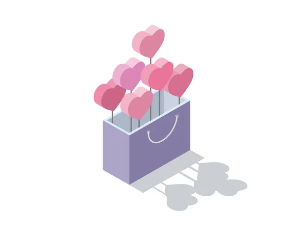 Ilustração isométrica vetorial da caixa de presente dos namorados com visão dos corações — Vetor de Stock