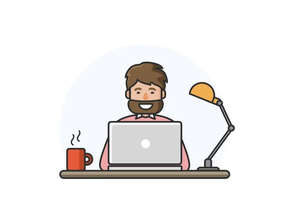 Bilgisayarda çalışarak sakallı mutlu adam vektör çizim. — Stok Vektör