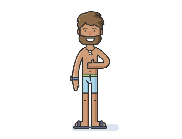 Vetor bronzeado personagem homem barbudo em shorts mostra um sinal Thumbs Up —  Vetores de Stock