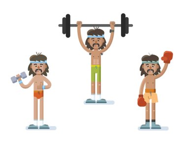 Egzersiz yaparak komik karikatür adam karakter kümesi vektör