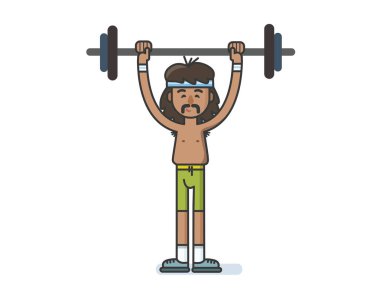 Komik karikatür karakter sporcu bir halter ile. 