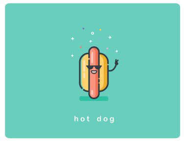 Vektör düz simgesi güneş gözlüğü ve gülümseme ile sosisli sandviç karakteri