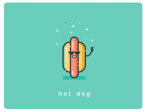 Vector flat icon of hot dog character with sunglasses and smile — Stock Vector