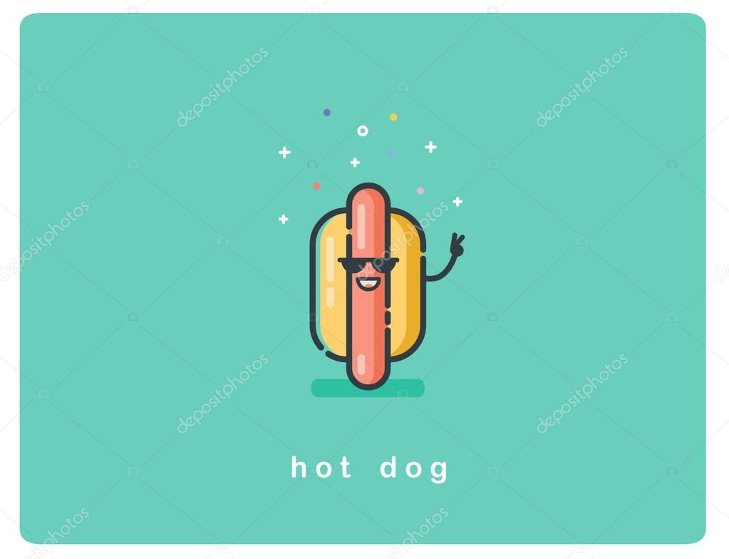 Vector flat icon of hot dog character with sunglasses and smile