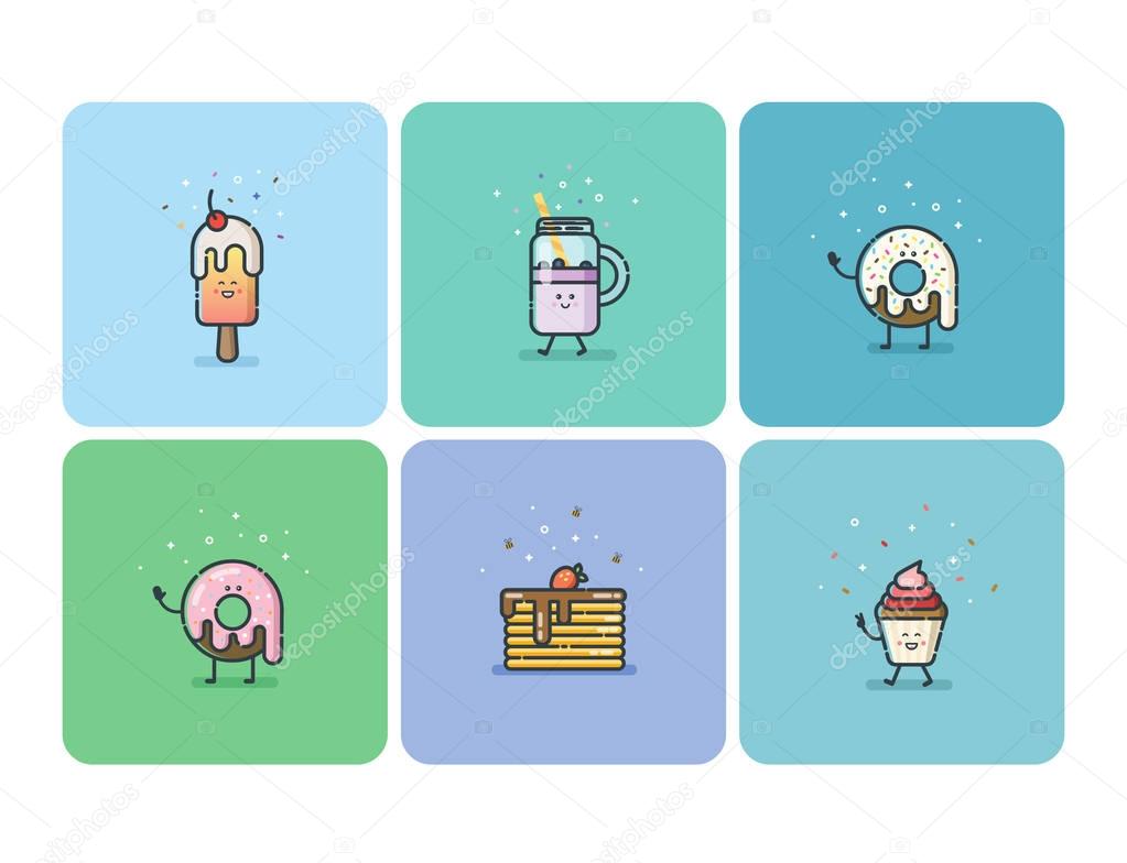 Set of flat street food icons, deserts, sweets, cute cartoon food characters 