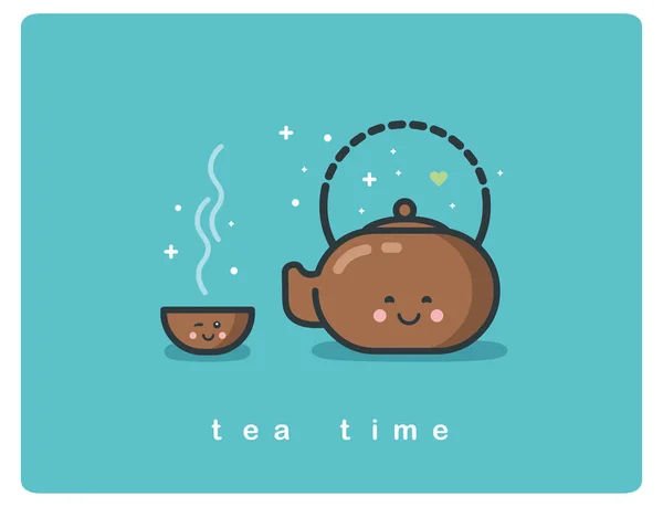 Vector flat icon of tea time, Tea pot and cups cute cartoon characters — Stock Vector