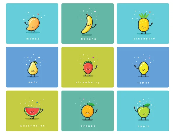 Conjunto vectorial de iconos de frutas, personajes de dibujos animados lindos, ilustración de comida para bebés — Archivo Imágenes Vectoriales