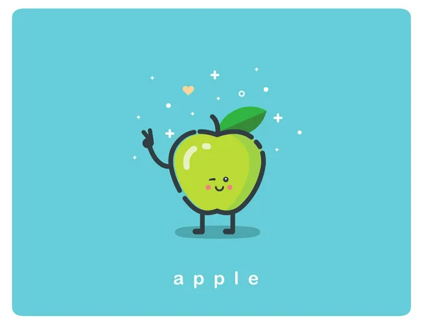 Vektorové ikony zeleného jablka, ovoce vtipné kreslené postavičky — Stockový vektor