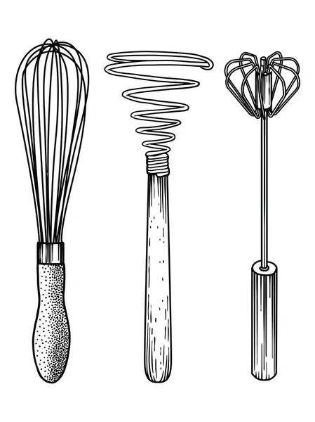 Whisk, retro, vintage, ferro, metal, silicone, biscoito, ovo, batedor, fio, creme, mousse, espuma, manual — Vetor de Stock