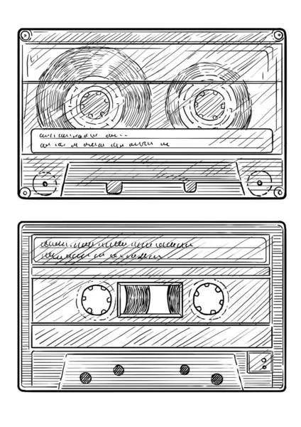Ilustración Cassette Audio Dibujo Grabado Tinta Arte Línea Vector — Vector de stock