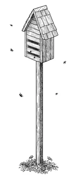 Dřevěný Hmyzí Dům Ilustrace Kresba Gravírování Inkoust Line Art Vektor — Stockový vektor