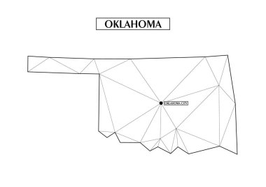 Oklahoma 'nın çokgen soyut haritası çizgilerden oluşan üçgen şekilli hali. Eyaletin başkenti Oklahoma City. Evinizdeki duvar için iyi bir poster. Oda duvarları için dekorasyon.