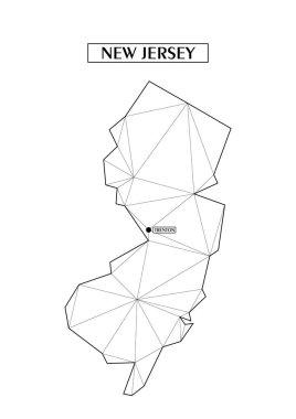 New Jersey 'in çokgen soyut haritası çizgilerden oluşan üçgen şekiller. Eyaletin başkenti Trenton. Evinizdeki duvar için iyi bir poster. Oda duvarları için dekorasyon.