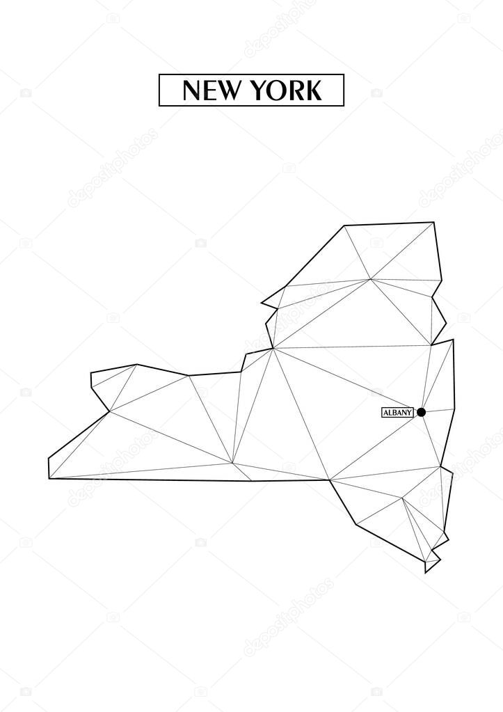 Polygonal abstract map state of New York with connected triangular shapes formed from lines. Capital of state - Albany Good poster for wall in your home. Decoration for room walls.