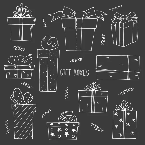 Sammlung handgezeichneter Geschenkboxen, isoliert auf dem Hintergrund. tolles Gestaltungselement für Weihnachten, Geburtstagskarten. Vektorillustration. — Stockvektor