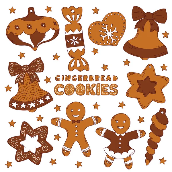Cute doodles, vector illustration for Christmas, hand drawn set for decoration. Clipart of cookies, gingerbread, icicle, star, gingerbread man and girl tree decoration, bell with bow, candy, heart. — 스톡 벡터