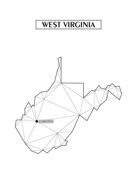 Batı Virginia 'nın çokgen ve soyut haritası çizgilerden oluşan üçgen şekillere sahiptir. Eyaletin başkenti Charleston. Evinizdeki duvar için iyi bir poster. Oda duvarları için dekorasyon.