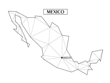 Meksika 'nın çokgen soyut haritası ve çizgilerden oluşan üçgen şekiller. Şehrin başkenti, Mexico City. Evinizdeki duvar için iyi bir poster. Oda duvarları için dekorasyon.