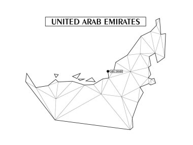 Çizgilerden oluşan üçgen şekillere sahip, Arap Emirlikleri 'nin çokgen soyut haritası. Şehrin başkenti Abu Dabi. Evinizdeki duvar için iyi bir poster. Oda duvarları için dekorasyon.