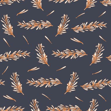 Elle çizilmiş biberiye dalları, otlar arka plan ile sorunsuz vektör desen