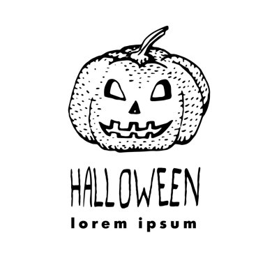 Kabak. Cadılar Bayramı için sevimli tebrik kartı Vektör illüstrasyon. Parti logosu.