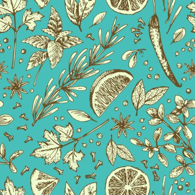 Vektör seamless modeli el ile çizilmiş kireç ve baharat. Yarım kireç, yaprak, baharat ve tohum kroki.