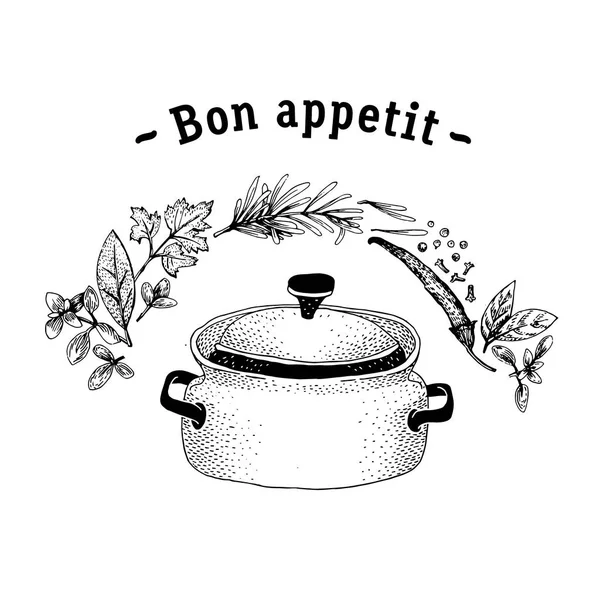 Zupy w garnku ilustracja. Ręcznie rysowane, jedzenie gotowanie. — Wektor stockowy