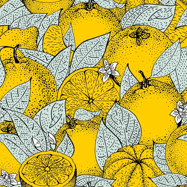 Patrón sin costuras de naranjas dibujadas a mano y rebanadas en estilo de boceto. Ilustración vectorial — Vector de stock