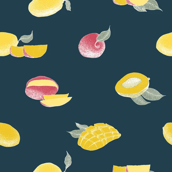 Mango árbol vintage patrón sin costuras. Fondo de fruta de mango botánico. Mango grabado. Ilustración vectorial — Vector de stock