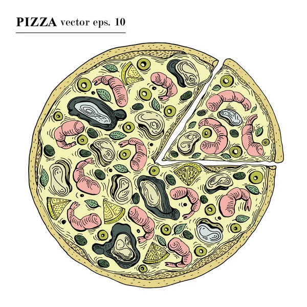 Pizza italiana con frutti di mare disegnato a mano vettoriale illustrazione. Può essere utilizzato per pizzeria, caffè, ristorante . — Vettoriale Stock