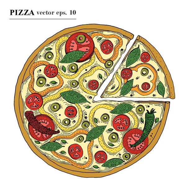 Illustrazione vettoriale disegnata a mano vegetariana della pizza italiana. Può essere utilizzato per pizzeria, caffè, ristorante . — Vettoriale Stock