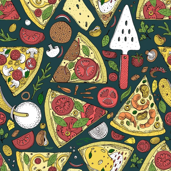 Padrão de fatia de pizza sem costura vetorial. ilustração pizza desenhada à mão. Ótimo para menu ou fundo . —  Vetores de Stock