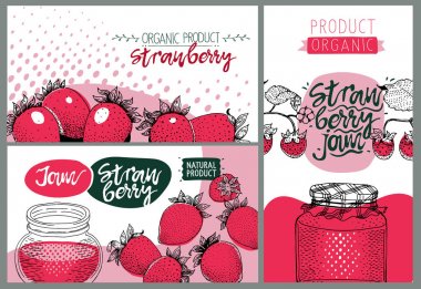 Çilek parti. Çilek şirin yaratıcı kartı şablonları kümesi. Kafe veya organik dükkan el çizilmiş vektör arka planları.