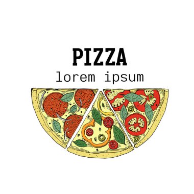 İtalyan Pizza logo şablonu el vektör çizim çekilmiş. Pizzacı, kafeterya, Restoran için kullanılabilir.