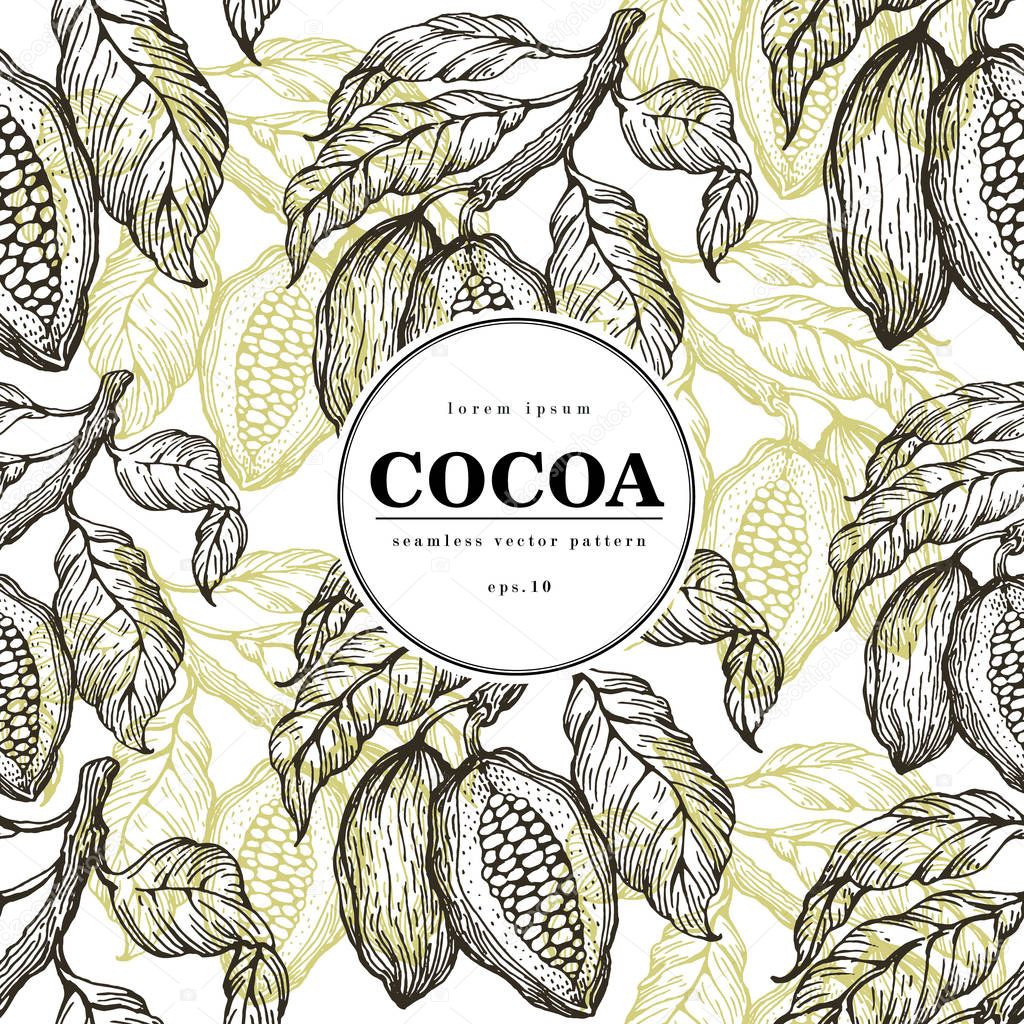 Cocoa beans vector seamless pattern. Engraved vintage style illustration. Chocolate cocoa beans. Banner template.