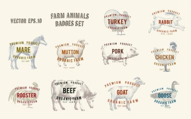 Çiftlik hayvanları içeren etiketleri. Mağazalar ve marketler organik gıda için şablon ayarla fiyat etiketleri. Vektör çizim sanat. Vintage. Elle çizilmiş hayvanlar