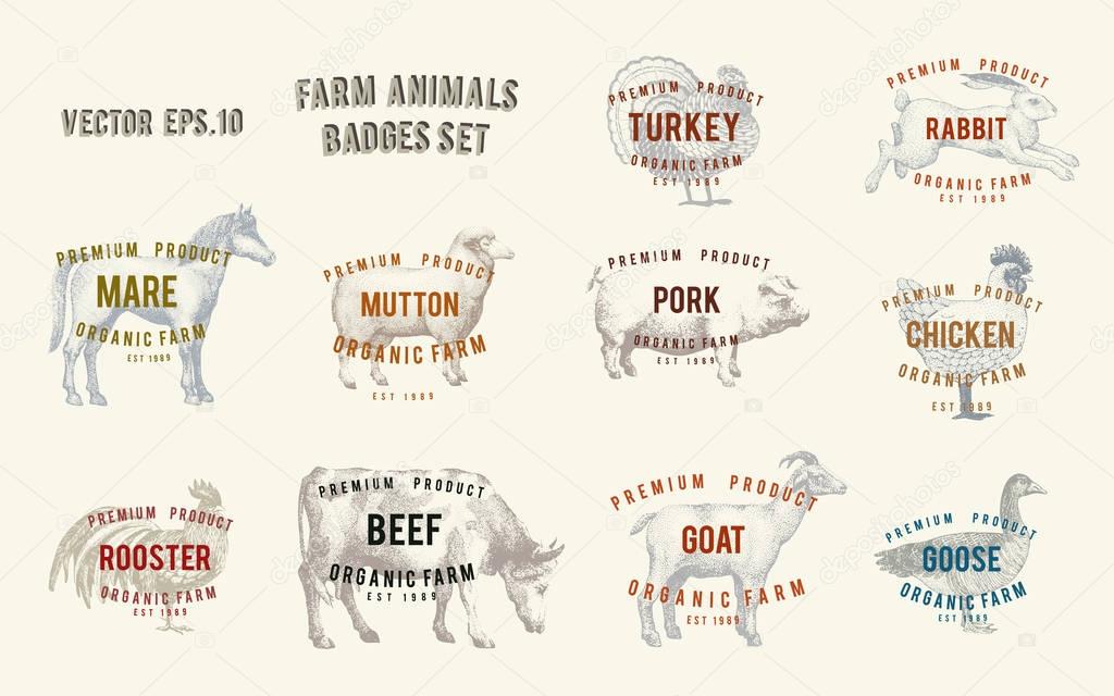 Labels with farm animals. Set templates price tags for shops and markets of organic food. Vector illustration art. Retro. Hand drawn animals.
