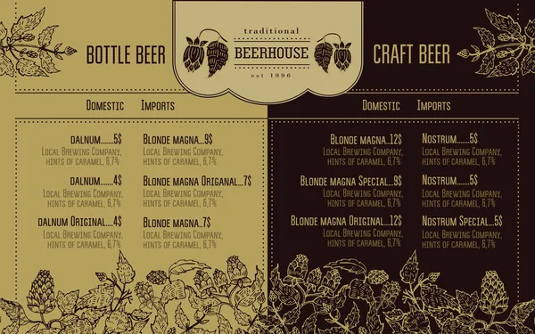 Menu de cerveja para restaurante e café. Modelo de design com elementos gráficos desenhados à mão em estilo retro . —  Vetores de Stock