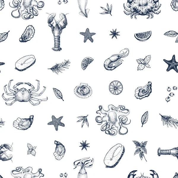 Patrón sin costura vector de mariscos para restaurantes, emblema, embalaje. Imagen dibujada a mano. Retro ilustración — Archivo Imágenes Vectoriales