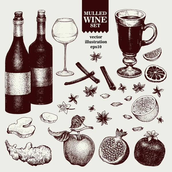 Vin chaud et épices, orange, pomme, grenade, cannelle, œillet, anis, vanille, clou de girofle, gingembre. Retro vectoriel dessiné à la main Illustrations. Réglé dans le style croquis. Boisson d'hiver . — Image vectorielle