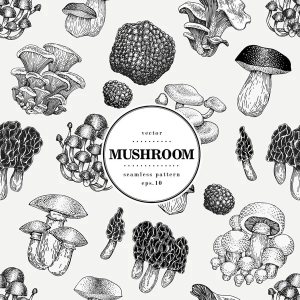 Бесшовный векторный рисунок с грибами. Ручной рисунок фона с различными видами грибов. Шаблон векторного баннера. Винтажная иллюстрация . — стоковый вектор