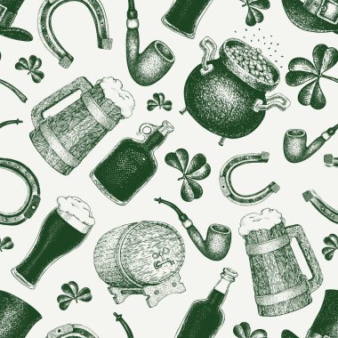 Elle çizilmiş vektör seamles desen cüce şapkası, yonca, bira bardağı, varil, St Patricks Günü için altın madeni para pot ile. İrlandalı retro illüstrasyon.
