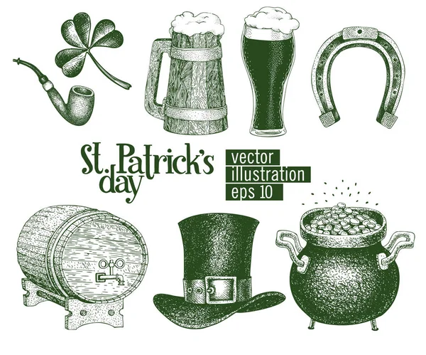 Hand drawn vector leprechaun hat, clover, beer mug, barrel, golden coin pot sketch set for St. Patricks Day. Irish retro illustrations. — Stock Vector