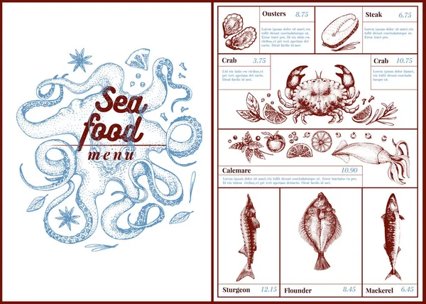 Restaurante menu de frutos do mar café, design de modelo. Pode ser usado como menu, design de cartão de jantar. Ilustração retrô desenhada à mão —  Vetores de Stock