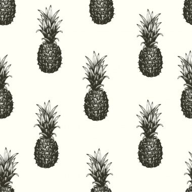 Vektör el çekilmiş seamless modeli ile ananas. Tropikal yaz meyve stil illüstrasyon kazınmış. Adversiting, ambalaj, tebrik kartları, posterler kullanmak olabilir.