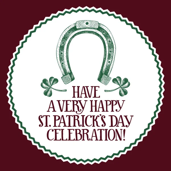 Carte de vœux St. Patricks Day dessinée à la main avec fer à cheval et trèfle. Illustration rétro irlandaise . — Image vectorielle