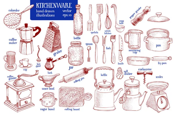 Geschirr vorhanden. handgezeichnetes Vektorgeschirr und Küchenutensilien Illustrationsset. Skizzenstil. — Stockvektor