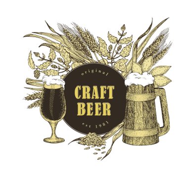 Zanaat bira bannner şablonu. Vektör çizim kroki tarzı. Elle çizilmiş bira logo şablonu. Vintage. Restoranlar, barlar, barlar, bira şirketler kullanmak olabilir.