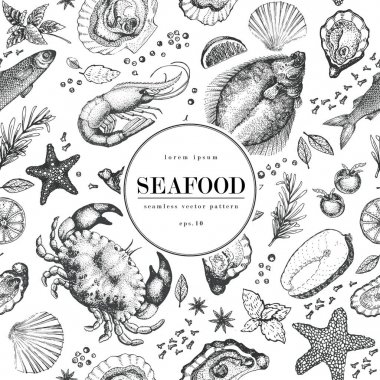 Deniz ürünleri restoranları, amblem, vektör görüntü için dikişsiz desen vektör. Retro illüstrasyon